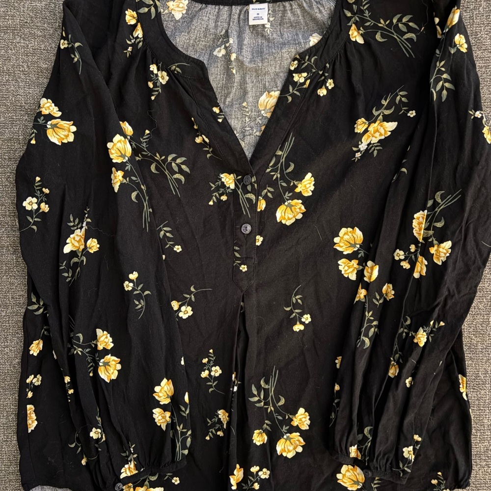Old Navy Black Blouse with Yellow Floral Pattern